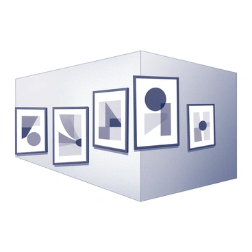 A gallery wall displaying a variety of abstract illustrations. Each piece features a unique combination of geometric shapes, such as circles, triangles, and rectangles. The illustrations exhibit a contrast between light and dark elements, creating a dynamic visual effect. The frames surrounding the artwork are uniform, providing a cohesive look to the arrangement on the wall. The wall itself serves as a neutral backdrop, allowing the illustrations to stand out prominently.