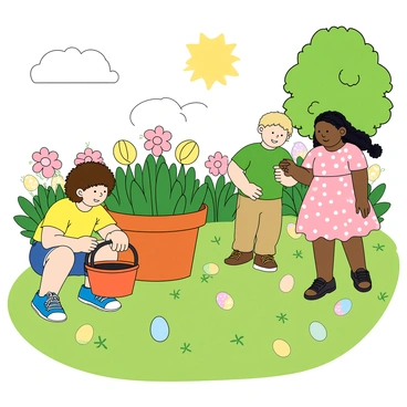 A group of three children, two boys and one girl, are in a sunny garden filled with vibrant flowers and green grass. The first boy, with curly brown hair, is crouching down and looking under a bush, wearing a bright yellow t-shirt and blue shorts. The second boy, with short blond hair, holds a small red basket, peering behind a large flowerpot, dressed in a green t-shirt and khaki pants. The girl, with long black hair in two braids, is standing near a tree, wearing a pink dress with white polka dots, excitedly pointing to a hidden spot. Colorful Easter eggs in shades of pastel pink, blue, yellow, and green can be seen scattered throughout the garden, some partially hidden among the flowers and grass. The sun is shining brightly overhead, casting playful shadows on the ground.