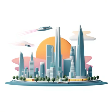 A flat 3D futuristic city, featuring a skyline filled with towering skyscrapers that have sleek glass facades reflecting sunlight. The buildings vary in height and design, showcasing sharp angles and innovative shapes. Flying cars with streamlined designs zip through the air, leaving trails of light behind them as they navigate between the skyscrapers. The streets below are lined with vibrant greenery and futuristic public transport systems, adding to the modern aesthetic of the city. In the background, a colorful sunset casts a warm glow over the entire cityscape, enhancing the futuristic ambiance.