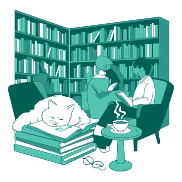 A teal cozy corner of a bookshop features tall shelves filled with various colorful books. There are a few people sitting in comfortable chairs, engrossed in their reading, with soft light illuminating their faces. In the foreground, a fluffy white cat is lounging on a stack of books, its eyes half-closed in contentment. A small round table nearby holds a steaming cup of coffee and a pair of reading glasses, adding to the inviting atmosphere of the scene.