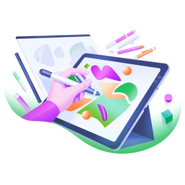 A modern pastel illustration showing an artist's hand holding a digital pen. The hand is poised above a tablet screen displaying colorful vector art in progress. The tablet is sleek and modern, with vibrant designs composed of geometric shapes and flowing lines. The background features an assortment of art supplies, including markers and sketch pads, subtly arranged around the tablet. The scene emphasizes the creativity and technological fusion in the art-making process.