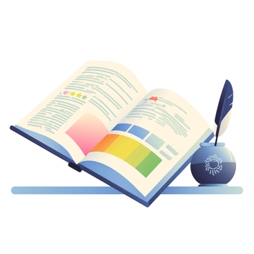 An open book with a cream-colored cover is placed on a wooden table. The pages of the book are filled with neatly written text and a large, colorful rating scale that includes numbers and stars. Next to the book, a vintage quill with a dark feather is positioned beside a round inkpot filled with black ink. The inkpot has a decorative design etched into its surface. The scene is softly lit, highlighting the texture of the book and the delicate features of the quill.