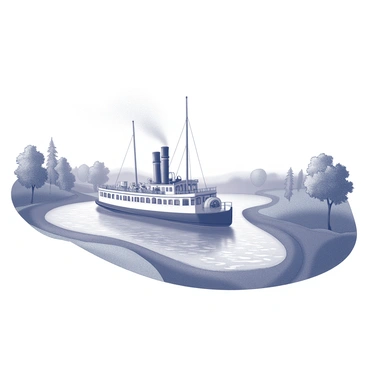 A classic steamboat with grand, towering smokestacks is gliding smoothly along a winding river. The boat features a large paddlewheel at the back, creating ripples in the water as it moves. The riverbanks are lined with lush trees and greenery, providing a natural frame for the scene. The steam from the smokestacks rises into the air, while the boat's deck is adorned with passengers enjoying the view. The sky above is expansive, complementing the serene atmosphere of the river setting.