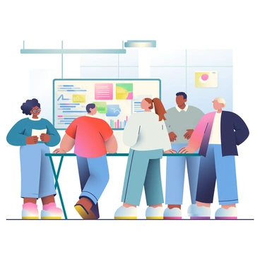 A group of five people is collaborating on a project in a modern office space. Two women and three men are standing and sitting around a large table that is covered with colorful sticky notes. One woman has dark curly hair and is wearing a blue blouse, while the other woman has light brown hair tied back in a ponytail and is dressed in a white shirt. One man has glasses and is wearing a gray sweater, while another man is in a casual red t-shirt. The third man has short black hair and is wearing a black jacket. Behind them, a large digital screen displays charts and project details. The room has bright overhead lighting and large windows letting in natural light.
