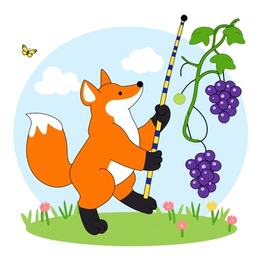 A playful orange fox with a white-tipped tail is standing on its hind legs, holding a colorful fishing rod. The fishing rod is brightly colored with yellow and blue stripes. The fox is focused on a cluster of purple grapes hanging from a green vine nearby. The grapes are plump and shiny, dangling just out of reach. The background features a sunny sky with fluffy white clouds and a few playful butterflies fluttering around. The ground is dotted with vibrant green grass and colorful flowers.