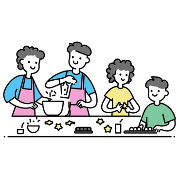 A family of four is gathered in a well-lit kitchen, working together to bake cookies. The father, wearing a red apron, is pouring flour into a mixing bowl. The mother, dressed in a blue shirt, is kneading dough on the countertop. A young girl with curly hair, wearing a yellow dress, is using cookie cutters to shape the dough into stars and hearts. The older brother, in a green t-shirt, is carefully placing the shaped cookies onto a baking tray. Various ingredients and baking tools are scattered across the countertop, including a rolling pin, a bowl of chocolate chips, and a glass of milk.