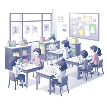 A kindergarten classroom with children playing joyfully. The room is filled with various educational toys and activity stations. There are colorful decorations hanging from the ceiling and on the walls, including pictures of animals, numbers, and letters. Some children are seated at small tables working on art projects, using crayons and paper. Others are engaged in group play, building with blocks or interacting with plush toys. The atmosphere is lively as children laugh and chat with each other.