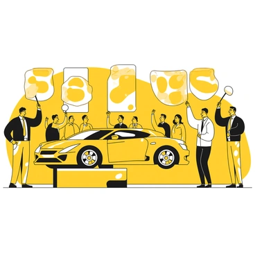 A lively scene at a car auction with multiple bidders standing in a row, each raising their paddles high. The auctioneer stands at the front, gesturing enthusiastically as a sleek car is showcased on a pedestal. The bidders are diverse in appearance, showcasing a range of clothing styles, from business suits to casual wear. The background features a crowd of onlookers, all focused on the action, while large banners advertising the auction hang overhead. The atmosphere is filled with anticipation and excitement as bids are being placed.