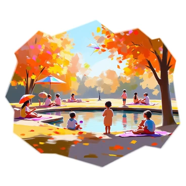 A suburban park scene featuring a gentle pond surrounded by vibrant autumn foliage. Children of various ages are playing nearby, engaged in activities such as flying kites, playing tag, and tossing a frisbee. The colorful leaves in shades of red, orange, and yellow are scattered on the ground and hanging from the trees, creating a picturesque atmosphere. In the background, a few families are having picnics on blankets, enjoying the warm sunlight filtering through the trees. The calm water of the pond reflects the brilliant colors of the leaves and the blue sky above.