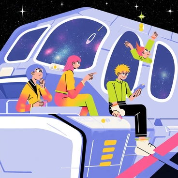 A group of four anime characters is aboard a futuristic spaceship with sleek lines and glowing panels. The spaceship has large windows showing a view of a starry galaxy filled with twinkling stars and colorful nebulae. One character, with bright blue hair, is sitting at the control panel, focusing intently on the holographic display. Another character, with long pink hair, is looking out of the window, pointing excitedly at a nearby comet. A third character, with short green hair and glasses, is analyzing data on a tablet, while the last character, with spiky orange hair, is playfully floating in zero gravity, holding onto a support beam. The vibrant colors of their outfits contrast with the metallic interior of the spaceship.