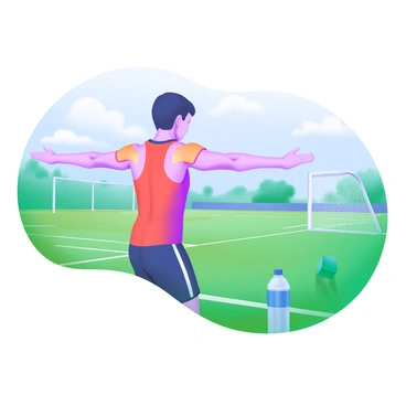 A young athlete demonstrating scapular retraction exercises on a sports field. The athlete is wearing a bright red sports jersey and black shorts. They are positioned with their arms extended back, showcasing their shoulder blades in a retracted position. The field is lush green with clear white lines marking the boundaries. In the background, there are goalposts and a few trees lining the edge of the field. The sky is a soft blue with a few fluffy white clouds. A water bottle is placed on the ground nearby, adding to the sports setting.