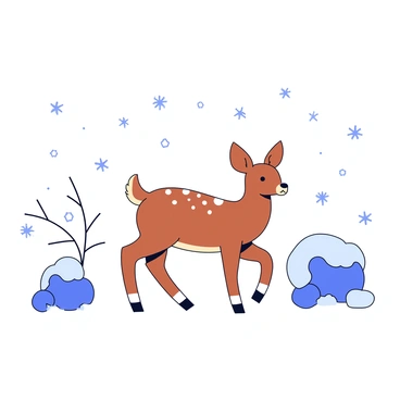 A roe deer stands gracefully in a snowy landscape. The deer has a soft brown coat with subtle white spots on its back. Surrounding the deer is a blanket of fresh, white snow that covers the ground and several nearby bushes. Snowflakes are gently falling from the sky, creating a delicate, serene atmosphere. The backdrop features a few distant, leafless trees, their branches lightly dusted with snow.