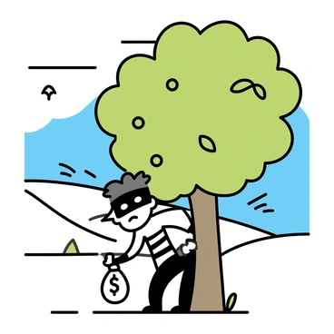 A mischievous robber, wearing a black mask and striped shirt, crouches behind a large, leafy tree. The tree has a thick trunk and vibrant green leaves, providing ample cover. The robber holds a bag with a dollar sign printed on it, peeking around the tree with a sly expression. Sunlight filters through the leaves, casting dappled shadows on the ground. In the background, a peaceful landscape of rolling hills and a blue sky contrasts with the robber's intent to disrupt the tranquility of Catan.