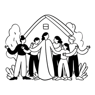 A group of people embracing in front of a house, with one individual in the center wearing a long robe. The group consists of three adults and two children, all with open arms and cheerful body language. The house is a simple structure with a pointed roof and a door that is slightly ajar. There are trees and shrubs surrounding the home, and the ground is covered with grass. The overall atmosphere conveys warmth and happiness.