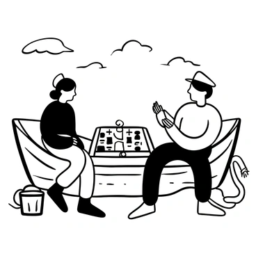 Two sailors sitting on the deck of a boat, engaged in a game of backgammon. One sailor is leaning forward, focusing intently on the board, while the other is holding a piece, ready to make a move. The boat is gently rocking on the waves, with a rope coiled nearby and a small bucket beside them. Seagulls can be seen in the distance, and there are scattered clouds in the sky above. The backgammon board is open between them, with checkers in contrasting positions.