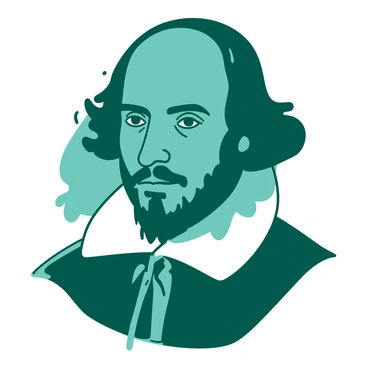 A teal portrait of William Shakespeare is depicted, showcasing his thoughtful expression. He has a ruffled white collar around his neck and dark hair styled in the fashion of his time. Shakespeare's eyes appear contemplative as he gazes slightly to the side. The background is a muted shade, contrasting with the teal and white tones of his attire. The light falls gently on his face, highlighting the lines and features that convey his deep thought.