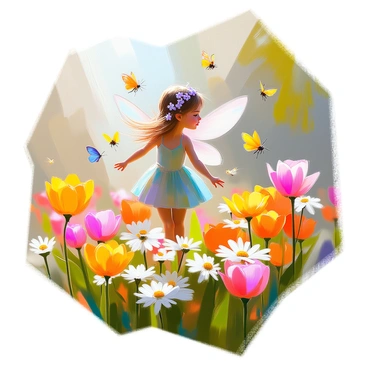 A tiny fairy with delicate, aubergine-colored wings is flitting gracefully through a vibrant garden. The garden is filled with colorful flowers, including bright daisies, deep red roses, and sunny yellow tulips, all in full bloom. The fairy has a shimmering green dress that glimmers in the sunlight, and her long, flowing hair is adorned with tiny blossoms. The background features lush green foliage, and soft beams of sunlight filter through the leaves, creating a magical atmosphere. The fairy is surrounded by fluttering butterflies and buzzing bees as she moves swiftly from flower to flower.