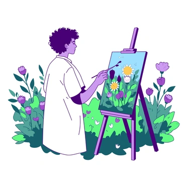 An artist stands focused at an easel, painting a field of "blumes" in vibrant colors. The artist has short, curly hair and is wearing a white smock. The easel holds a canvas displaying a variety of "blumes" in full bloom, showcasing different shapes and sizes. Surrounding the artist, the field is filled with lush greenery, and a few "blumes" stand tall amidst the vivid backdrop. A gentle breeze rustles the leaves, and the artist's paintbrush moves swiftly across the canvas, capturing the beauty of the scene.