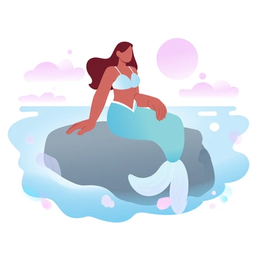 A delicate mermaid with flowing hair is sitting on a large, rugged rock surrounded by gentle waves. The mermaid's tail shimmers with iridescent scales that reflect soft pastel colors. She is positioned gracefully, with one arm resting on the rock while the other hand trails in the water. The setting sun casts a warm glow, creating a serene atmosphere. Behind her, the ocean stretches out, blending into the horizon with subtle gradients of blue and pink. Small seashells are scattered around the base of the rock, adding to the marine ambiance.