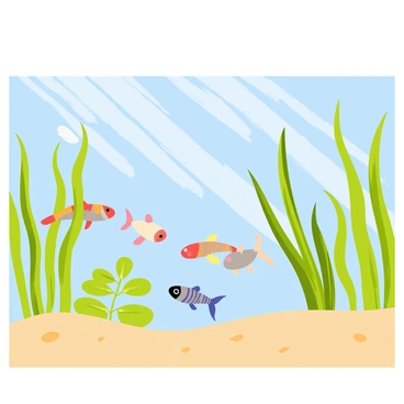 A vibrant scene of a natural freshwater stream with clear blue water. A group of small, colorful zebrafish swims energetically among various green water plants. The plants include tall, slender reeds and broad, leafy pads, providing a lush environment. Sunlight filters through the water, casting dappled patterns on the sandy bottom. Small bubbles rise to the surface, adding to the lively atmosphere of the underwater habitat.