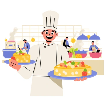 A cheerful chef wearing a white apron and a tall white hat stands in a bustling kitchen. The chef has a big smile, with bright eyes sparkling with joy. In one hand, the chef holds a large, beautifully plated cheese dish, featuring various types of cheese arranged artfully with colorful garnishes. The background is filled with busy kitchen staff working at stove tops and chopping vegetables. Colorful pots and utensils are scattered throughout the kitchen, and steam rises from several pots, enhancing the lively atmosphere.