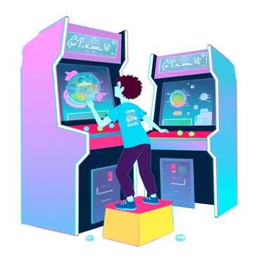 A child with light skin and short brown hair is standing on a bright yellow step stool. They are focused on a large arcade machine with vibrant space-themed graphics and glowing buttons. The screen displays colorful aliens and planets in a dynamic adventure game. The child is wearing a blue t-shirt with a rocket design, and there are colorful arcade tokens scattered on the floor around the step stool. The room is filled with other arcade games, each emitting colorful lights and sounds.