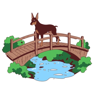 A brown doberman is standing confidently on an arched wooden bridge. The bridge features intricate wooden railings and weathered planks. Below the bridge, there is a flowing stream with clear water, reflecting the surroundings. The doberman has its ears perked up and a focused expression, looking ahead. Lush green foliage surrounds the scene, adding to the natural setting.