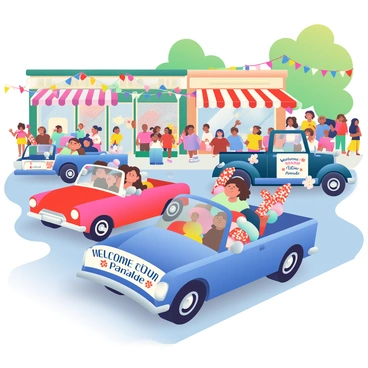 A vibrant parade is taking place in a small town, showcasing several decorated American cars. Each car is adorned with colorful streamers and flags, reflecting the patriotic spirit. There is a red convertible with white and blue balloons tied to the side mirrors. A blue pickup truck features a large "Welcome to Our Parade" banner across the front. A classic vintage car with shiny chrome accents is decorated with flowers and ribbons. The street is lined with onlookers, some waving small American flags. Colorful bunting hangs across the storefronts, adding to the festive atmosphere. Bright sunlight bathes the scene, illuminating the cheerful expressions of participants and spectators alike.