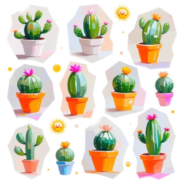 A whimsical pattern filled with various cartoon cacti displayed in playful arrangements. Each cactus is uniquely designed, showcasing different shapes, sizes, and expressions. Some cacti have vibrant flowers blooming at their tops, while others feature decorative pots in bright colors. The background is light and airy, allowing the cacti to stand out with their cheerful and quirky characteristics. Small, playful details like suns and clouds are interspersed throughout the pattern, enhancing the lively aesthetic of the design.