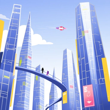 A bustling futuristic city filled with tall, sleek skyscrapers that stretch towards the sky. The buildings have glass facades reflecting the sunlight. Flying cars zip through the air, leaving trails of light behind them. Pedestrians are walking on elevated walkways connecting the buildings. Bright neon signs and holographic advertisements are displayed on the sides of buildings. The sky is a vibrant blue with a few fluffy white clouds scattered around.