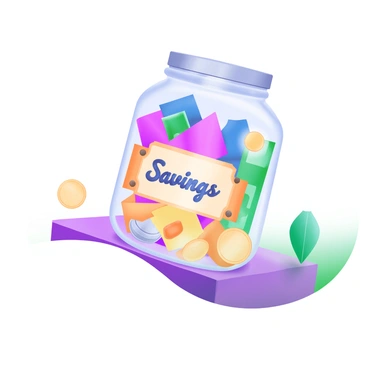 A clear glass jar filled with an assortment of colorful bills and shiny coins. The bills display vibrant hues of blue, pink, yellow, and green, while the coins glimmer in gold and silver tones. Affixed to the jar is a stylish label that reads "Savings" in an elegant font. The jar is placed on a wooden table, and soft light reflects off the glass, creating a warm ambiance.