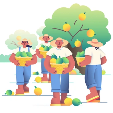 A group of farmers is seen gathering ripe guavas during the harvest season. Each farmer is wearing wide-brimmed straw hats to shield themselves from the sun. They are wearing light-colored shirts and durable pants suitable for outdoor work. The farmers are holding woven baskets filled with shiny green and yellow guavas. In the background, lush green trees are laden with guava fruits, and the ground is scattered with fallen, overripe fruits. The sunlight casts gentle shadows, creating a warm, inviting atmosphere around the scene.