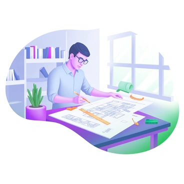 An architect reviewing blueprints at a drafting table