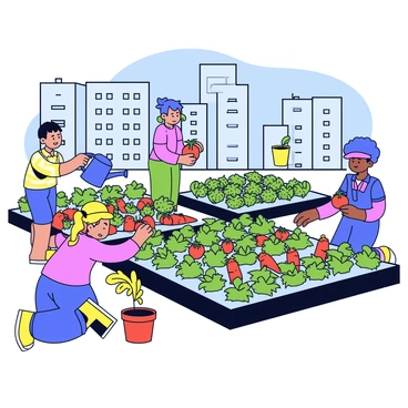A community garden filled with various plants and vegetables, such as tomatoes, carrots, and herbs, growing in neatly organized rows. In the garden, several people are engaged in tending to the plants; one person is watering the plants with a blue watering can, another is kneeling down to pull out weeds, and a third is harvesting ripe tomatoes. The background features tall buildings and a clear blue sky, emphasizing the contrast between the greenery of the garden and the urban environment. Sunlight casts shadows on the ground, highlighting the vibrant colors of the plants.