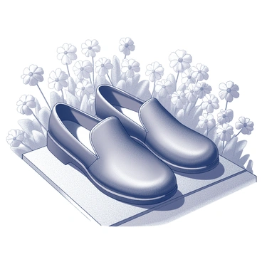 A pair of slip-on shoes is positioned prominently on a sunny sidewalk. The shoes have distinct patterns and textures, showcasing their unique design. Surrounding the shoes, various flowers are blooming, creating a vibrant scene. The sidewalk has textured paving, and sunlight casts shadows of the shoes and flowers, emphasizing their forms. The overall composition highlights the shoes as the focal point amidst the natural beauty of the flowers.