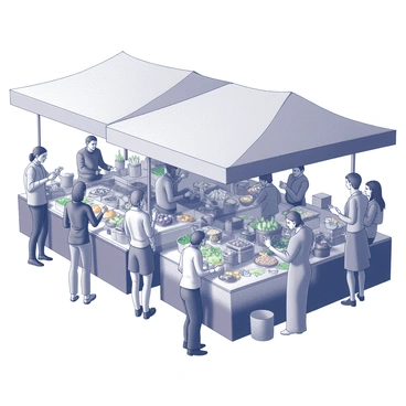 A bustling market scene filled with various stalls. Each stall showcases an array of foods and crafts from different cultures. There are vendors enthusiastically engaging with customers, while shoppers browse the colorful displays. Fruits and vegetables are neatly arranged in baskets, and handmade crafts are displayed prominently on tables. People of diverse backgrounds are interacting, with some sampling items and others negotiating for crafts. The atmosphere is lively and filled with the sounds of conversation and laughter.