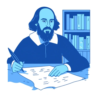A blue classic portrait of "William Shakespeare" with a thoughtful expression on his face. He has a long, flowing beard and is wearing a ruffled white collar. In his right hand, he holds a shiny black quill, poised above a large sheet of white parchment that rests on a wooden table. The parchment has faint writings visible, hinting at his literary genius. The background features a subtle, blurred out silhouette of a bookshelf filled with books.
