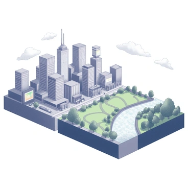 A city skyline featuring tall, modern buildings with numerous digital billboards and bright lights illuminating the urban environment. The streets are bustling with people and vehicles, showcasing the vibrant energy of technology. In contrast, a natural landscape unfolds on the other side, depicting a flowing river bordered by lush trees and expansive green meadows. The sky above the landscape is clear, with a few fluffy clouds drifting lazily. The division between the city and nature is marked by a distinct line, emphasizing the juxtaposition of the two settings.