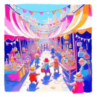 A bustling goblin market is filled with vibrant tents and stalls, each overflowing with strange goods. One stall showcases peculiar potions in colorful glass bottles, while another features an assortment of glittering trinkets and odd gadgets. Goblins of various sizes and colors move around energetically, some with oversized hats, others carrying large satchels. In one corner, a goblin is bartering with a customer over a bizarre, squirming creature in a cage. The market is alive with the sounds of haggling and laughter, and colorful banners flutter above the bustling scene.