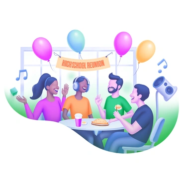 A modern pastel illustration of a high school reunion scene. A group of diverse former classmates are happily chatting and laughing together in a spacious venue. Colorful balloons in various shades of pink, blue, and yellow are floating above them, adding a festive atmosphere. In the background, a banner reads "High School Reunion" in cheerful letters. Soft music notes are illustrated around a small speaker, suggesting lively music filling the air. Tables are arranged with snacks and drinks, creating a welcoming environment for conversations and memories to be shared.