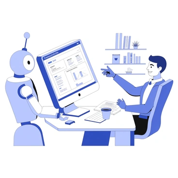 An HR manager is sitting at a modern desk, focused on a computer screen displaying a recruitment dashboard. The manager has short hair and is wearing professional attire. Beside the desk, a robot is assisting, featuring a humanoid design with a friendly expression. The robot's hands are gesturing towards the computer screen, highlighting various recruitment metrics, such as candidate resumes and interview schedules. On the desk, there are stacks of paperwork and a coffee cup, contributing to a busy yet organized workspace atmosphere. In the background, there are shelves filled with books and potted plants. The scene captures a moment of collaboration between human and robot in a modern workplace.