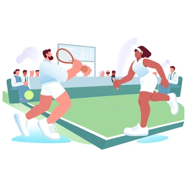 A tennis match is in progress on a grass court, with players in classic white tennis attire. The male player is mid-swing, holding a wooden racket, while the female player is positioned ready to return the ball. Spectators in the background are seated, wearing vintage clothing typical of decades past. The scene captures the excitement and energy of the match, with a vintage scoreboard visible in the background. The illustration employs strong contrasts of black and white to emphasize the details of the players and the surroundings.