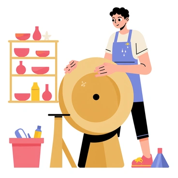 A potter is shaping clay from a brown mound of mud on a wooden spinning wheel. The potter, wearing a blue apron, has focused facial expression while using both hands to mold the clay into a round form. The wheel is turning swiftly, and droplets of water can be seen splashing onto the clay. In the background, there are shelves filled with various finished pottery pieces, including bowls and vases, showcasing the potter's craft. The workspace is warm and inviting, with tools scattered nearby.