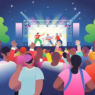 A vibrant crowd with diverse individuals is cheering enthusiastically at an outdoor music concert. The night sky is illuminated with a variety of colorful lights from the stage, creating a lively atmosphere. The crowd members are wearing casual clothing, some with glow sticks in their hands, and they are raising their arms in excitement. In the background, there are large speakers and a bright stage with a band performing, as well as trees lining the edge of the concert area, partially silhouetted against the starry sky.