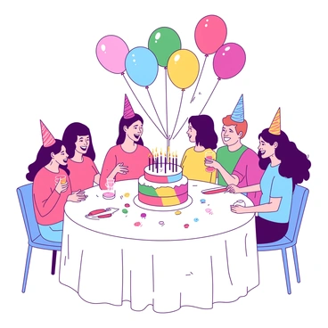 A group of friends is gathered around a large round table covered with a white tablecloth. In the center of the table, there is a colorful birthday cake with multiple candles lit on top. The cake is surrounded by vibrant party hats and a scattering of small, festive decorations. Above the table, several balloons in a variety of colors are floating, adding to the celebratory atmosphere. The friends are smiling and laughing, some of them holding drinks in their hands, while one person is ready to cut the cake with a knife.