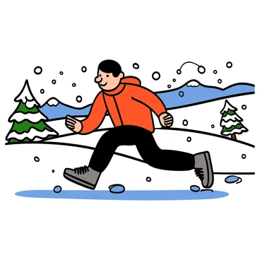 A determined runner with light skin and short dark hair is navigating a snowy landscape. He is wearing a bright red jacket, black thermal pants, and sturdy running shoes. Snowflakes are falling around him, and the ground is covered with a thick layer of snow. In the background, there are snow-covered trees and rolling hills, creating a wintry scene. The runner's expression shows focus and determination as he pushes forward against the cold.