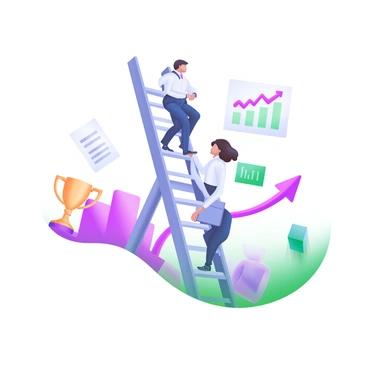 A modern pastel illustration featuring a tall ladder set against a soft background. Employees of diverse backgrounds are depicted climbing the ladder, each wearing professional attire. One employee is reaching the top rung, holding a briefcase, while another is looking up with determination. Surrounding the ladder are symbols of success, such as a trophy and a rising graph. This composition visually represents the concept of "career progression."