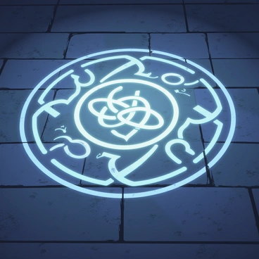 A glowing transmutation circle is engraved on a smooth stone floor. The circle is made up of intricate symbols and patterns, featuring sharp lines and curves that interweave to form a complex design. The symbols are highlighted by a soft luminescent glow, casting a gentle light around the area. The surrounding stone floor is dark, providing a striking contrast to the bright circle. Subtle shading enhances the depth and texture of the engraved surface, giving the impression that the symbols are carved into the stone.