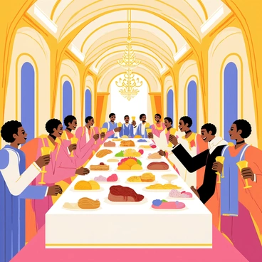 A grand dining hall with high, arched ceilings adorned with intricate designs. The hall is filled with elegantly dressed lords and ladies, each wearing elaborate historical attire. An opulent long table is set in the center, overflowing with an array of sumptuous dishes, including roasted meats, fresh fruits, and golden pastries. Ornate chandeliers hang from the ceiling, sparkling with light. Rich tapestries hang on the walls, adding to the grandeur of the setting. The atmosphere is lively, with guests engaged in cheerful conversation and toasting with goblets.