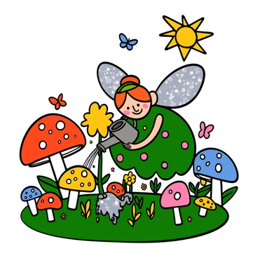 A cartoon fairy with sparkling wings and colorful hair crouching down in a vibrant garden filled with oversized flowers in various colors, including red, yellow, and blue. The mushrooms are large with bright red and white spots. The fairy is wearing a flowing green dress adorned with petals and is gently watering the flowers with a small watering can. The scene is lively and filled with details, such as fluttering butterflies and a cheerful sun in the sky.